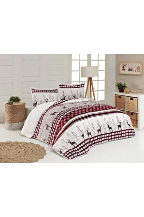 Comforter Çift Kişilik Yorgan Set  Deer Gri Kırmızı Renk Tek Ebat Beden