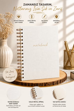 A5 Keten Kapaklı Spiralli Çizgili Defter 160 Sayfa 110 Gr Ivory Kâğıt Bakır Spiral – Bej