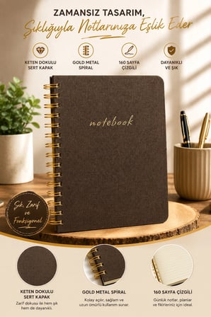 A5 Kahverengi Keten Kapaklı Oval Kenar Spiralli Çizgili Defter 160 Sayfa 110 Gr Ivory Kâğıt Bakır Spiral