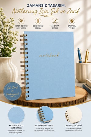 A5 Cilt Bezli Spiralli Çizgili Defter 160 Sayfa 110 Gr Ivory Kâğıt Sert Kapak Bakır Spiral – Mavi