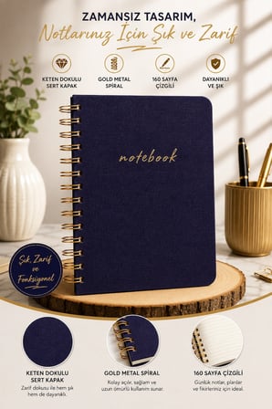 A5 Mor Keten Kapaklı Oval Kenar Spiralli Çizgili Defter 160 Sayfa 110 Gr Ivory Kâğıt Bakır Spiral