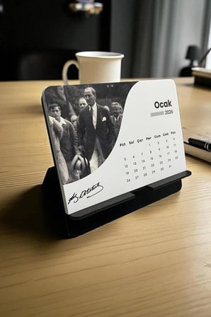 2026 Atatürk Masa Takvimi 16x11 cm Atatürk Fotoğraflı Ahşap Standlı Masaüstü Takvim