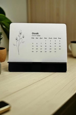 2026 Çiçek Temalı Masa Takvimi 16x11 cm Minimalist Dekoratif Masaüstü Takvim – Bej