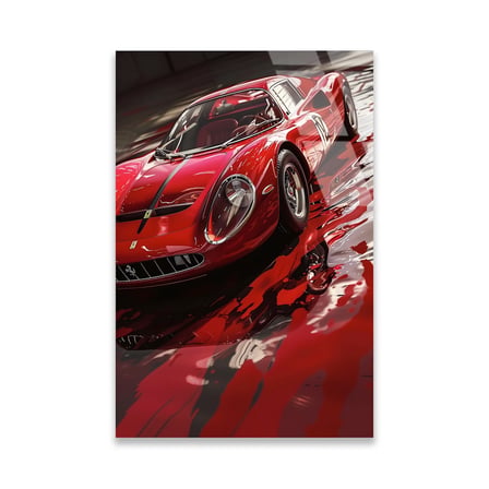 Kırmızı Ferrari Klasik Yarış Arabası Cam Tablo 35x50 cm