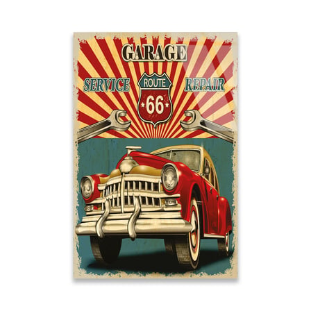 Route 66 Garaj Vintage Klasik Araba Cam Tablo 35x50 cm