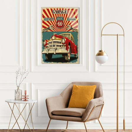 Route 66 Garaj Vintage Klasik Araba Cam Tablo 35x50 cm