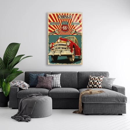 Route 66 Garaj Vintage Klasik Araba Cam Tablo 35x50 cm