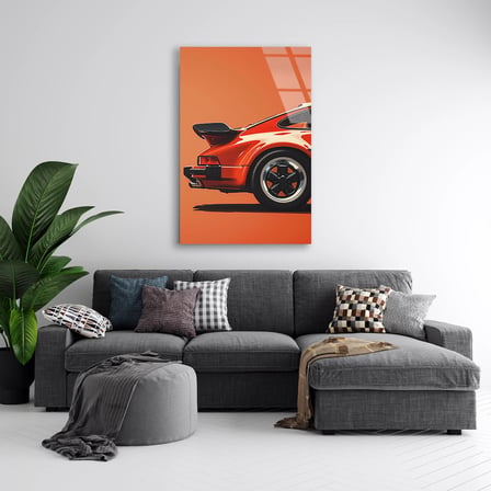 Kırmızı Porsche 911 Minimalist İllüstrasyon Cam Tablo 80x125 cm