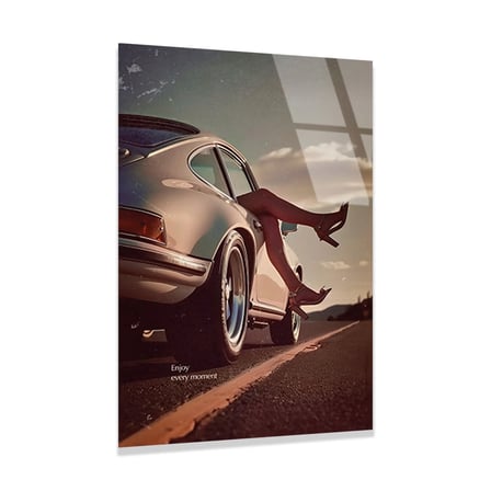 Klasik Porsche 911 Gün Batımı Cam Tablo 35x50 cm