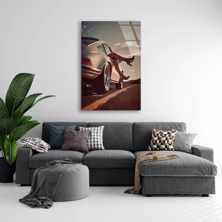 Klasik Porsche 911 Gün Batımı Cam Tablo 35x50 cm