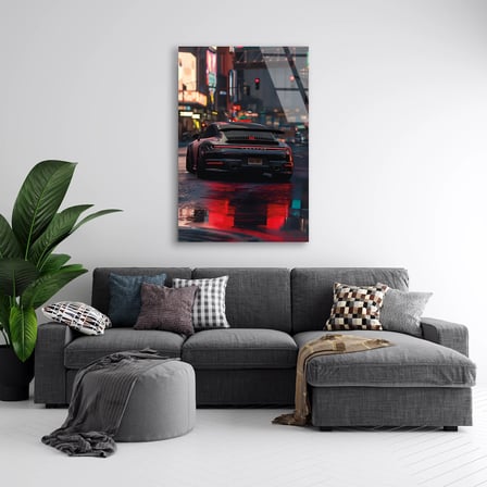 Siyah Porsche Gece Şehir Yağmur Cam Tablo 35x50 cm