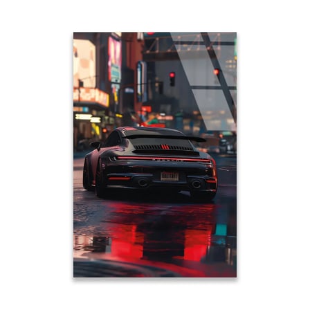 Siyah Porsche Gece Şehir Yağmur Cam Tablo 50x70 cm