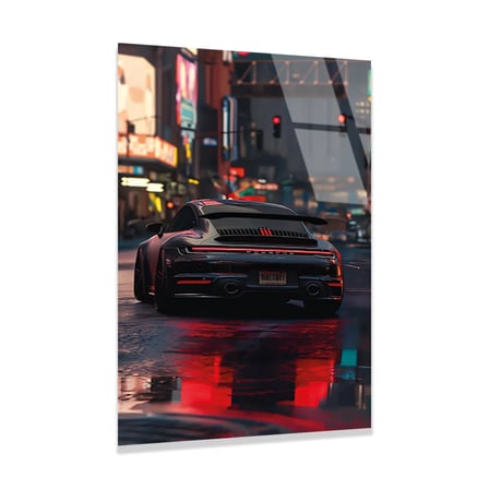 Siyah Porsche Gece Şehir Yağmur Cam Tablo 50x70 cm