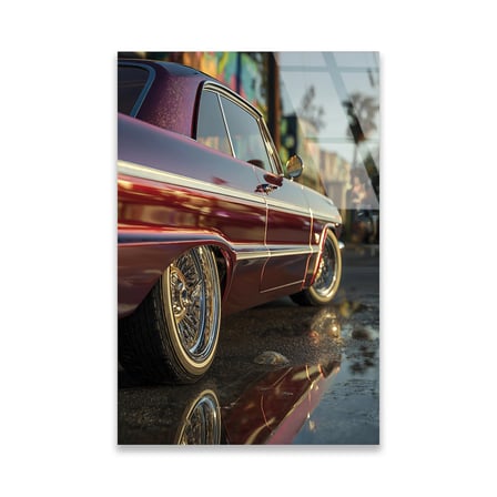 Kırmızı Lowrider Klasik Araba Cam Tablo 35x50 cm