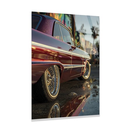 Kırmızı Lowrider Klasik Araba Cam Tablo 35x50 cm