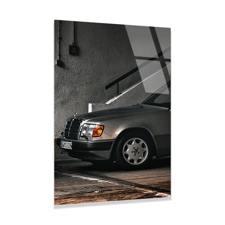 Klasik Mercedes W124 Siyah Beyaz Cam Tablo 35x50 cm
