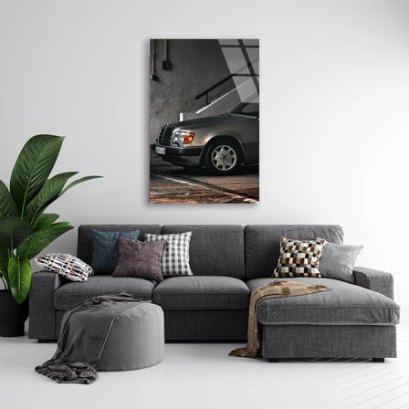 Klasik Mercedes W124 Siyah Beyaz Cam Tablo 35x50 cm