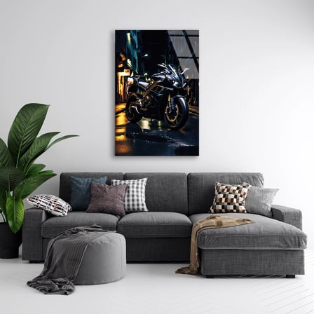 Siyah Spor Motosiklet Islak Zemin Cam Tablo 35x50 cm