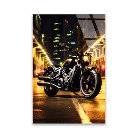 Cruiser Motosiklet Şehir Işıkları Cam Tablo 35x50 cm