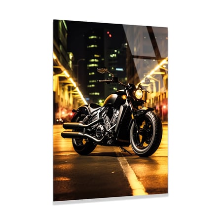 Cruiser Motosiklet Şehir Işıkları Cam Tablo 35x50 cm