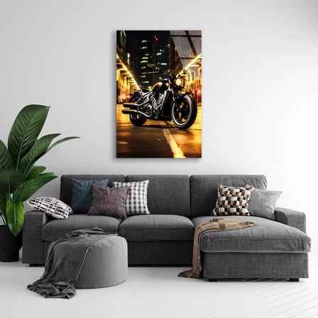 Cruiser Motosiklet Şehir Işıkları Cam Tablo 35x50 cm
