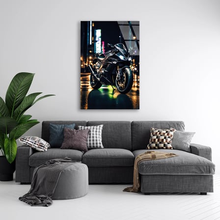 Spor Motosiklet Neon Şehir Cam Tablo 35x50 cm
