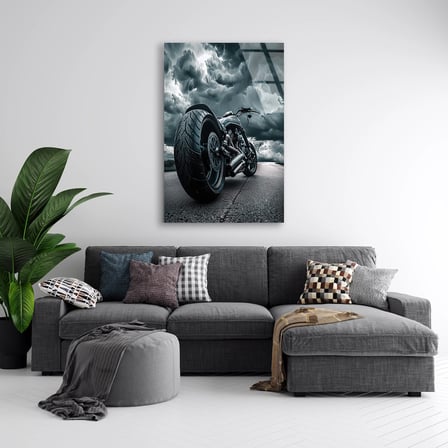 Motosiklet Fırtınalı Gökyüzü Cam Tablo 80x125 cm