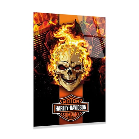 Harley Davidson Alevli Kurukafa Cam Tablo 35x50 cm