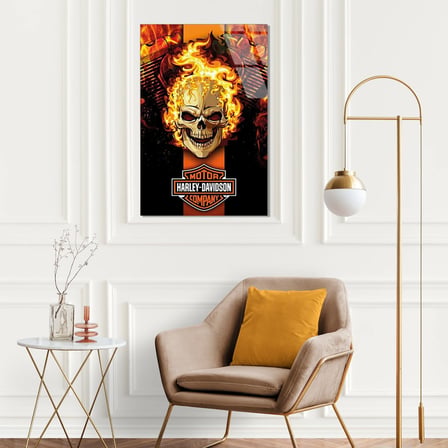 Harley Davidson Alevli Kurukafa Cam Tablo 35x50 cm
