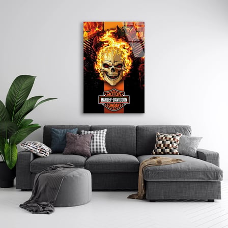 Harley Davidson Alevli Kurukafa Cam Tablo 35x50 cm
