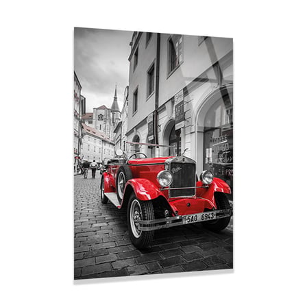 Kırmızı Klasik Araba Sokak (Siyah Beyaz) Cam Tablo 35x50 cm