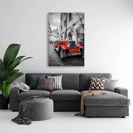 Kırmızı Klasik Araba Sokak (Siyah Beyaz) Cam Tablo 35x50 cm