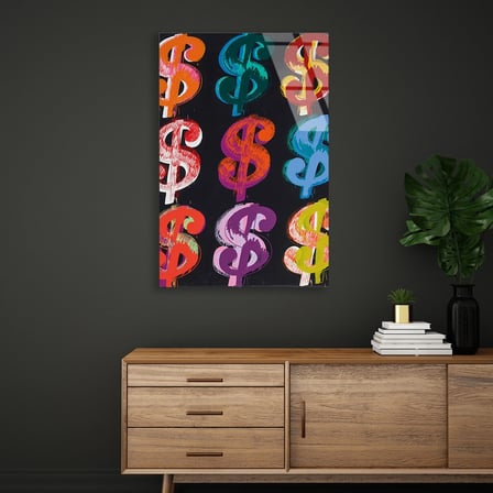 Renkli Dolar İşaretleri Pop Art Cam Tablo 35x50 cm