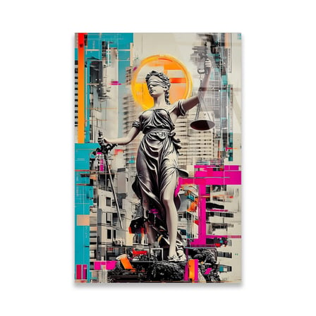 Adalet Heykeli Glitch Şehir Cam Tablo 35x50 cm