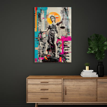 Adalet Heykeli Glitch Şehir Cam Tablo 35x50 cm