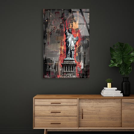 Özgürlük Heykeli Grunge Şehir Cam Tablo 35x50 cm