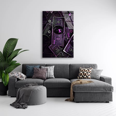 Neon Mor Dolar Destesi Cam Tablo 35x50 cm