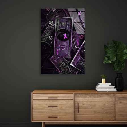 Neon Mor Dolar Destesi Cam Tablo 35x50 cm
