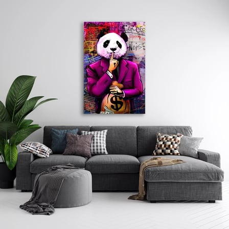 Pembe Takım Panda Para Çantası Pop Art Cam Tablo 35x50 cm