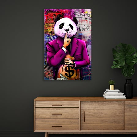 Pembe Takım Panda Para Çantası Pop Art Cam Tablo 35x50 cm
