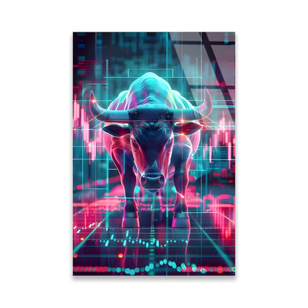 Neon Boğa Borsa Grafiği Cam Tablo 35x50 cm
