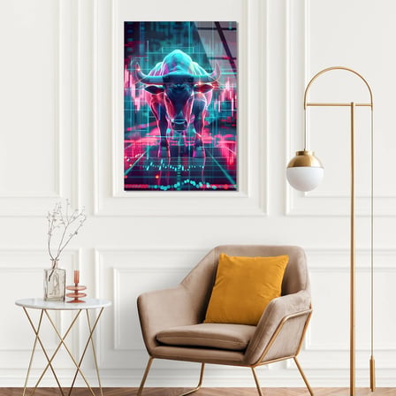 Neon Boğa Borsa Grafiği Cam Tablo 35x50 cm