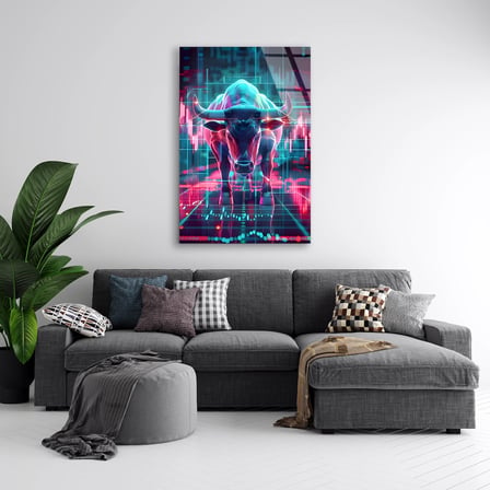 Neon Boğa Borsa Grafiği Cam Tablo 35x50 cm