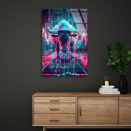 Neon Boğa Borsa Grafiği Cam Tablo 35x50 cm