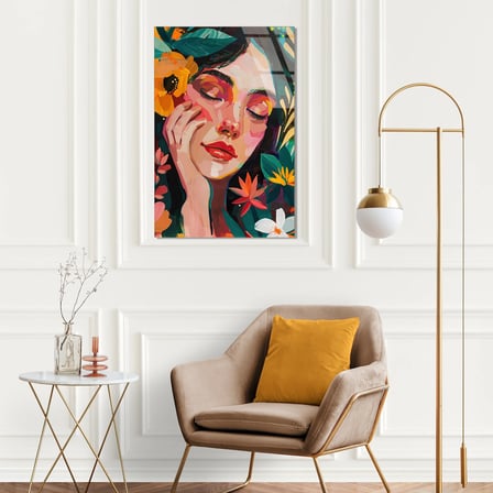 Çiçekli Kadın Portresi Boho Cam Tablo 35x50 cm
