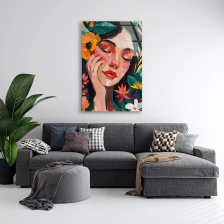 Çiçekli Kadın Portresi Boho Cam Tablo 35x50 cm