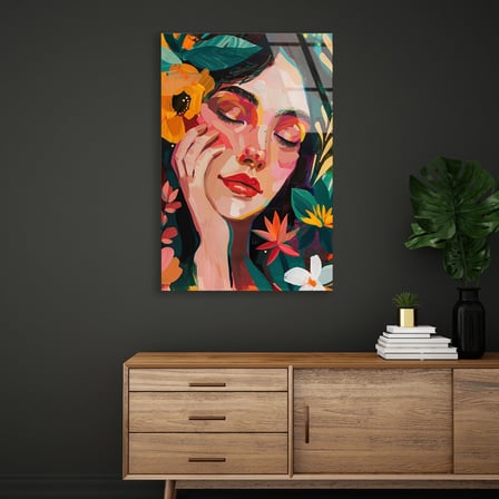 Çiçekli Kadın Portresi Boho Cam Tablo 35x50 cm