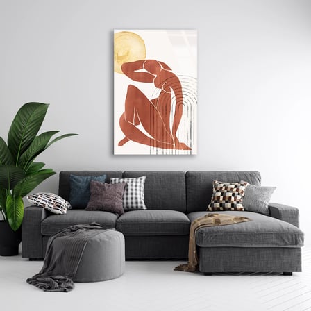 Terrakota Kadın Figürü ve Güneş Boho Cam Tablo 35x50 cm