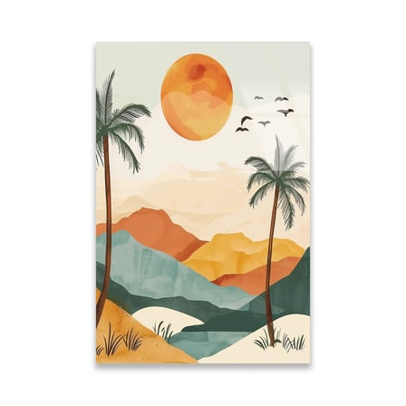 Palmiye, Güneş ve Dağ Manzara Boho Cam Tablo 35x50 cm
