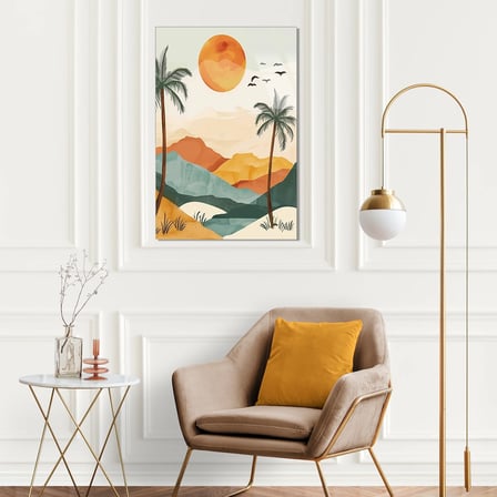 Palmiye, Güneş ve Dağ Manzara Boho Cam Tablo 35x50 cm